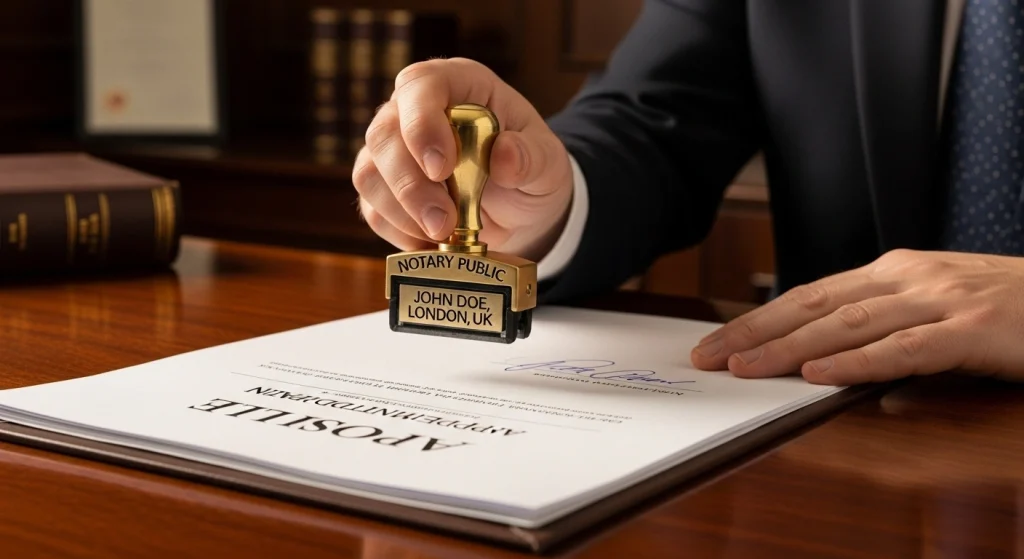 Brit közjegyző pecsételi a hivatalos iratokat, szemléltetve a cégszékhely szolgáltatás UK hitelesítési folyamatát.