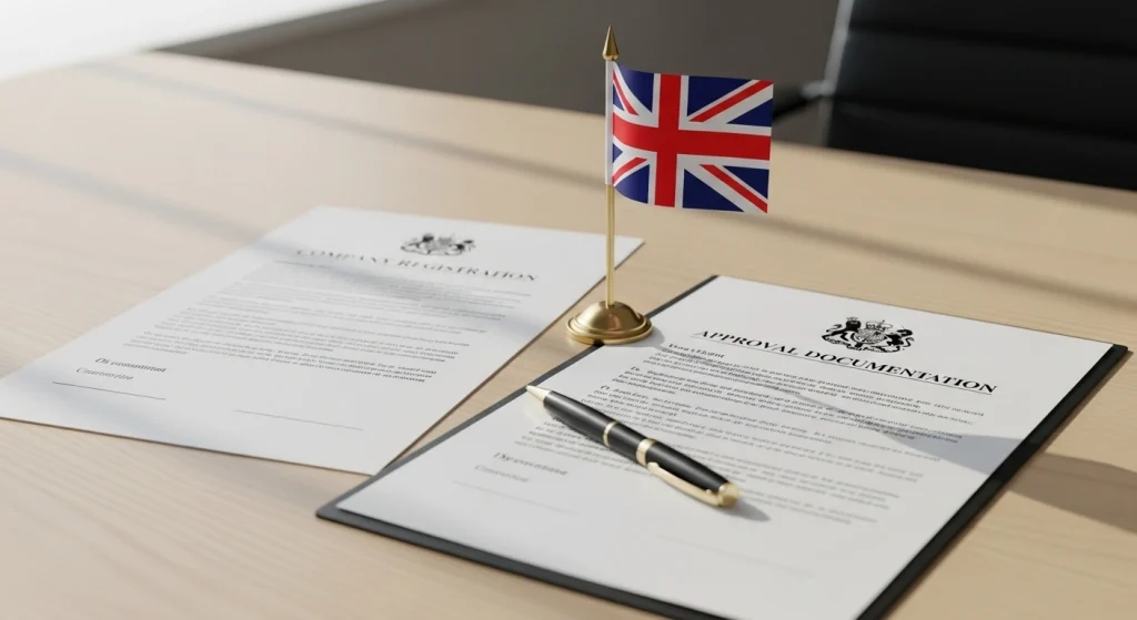Irodai asztal brit zászlóval és cégbejegyzési iratokkal, amelyek a cégszékhely szolgáltatás UK dokumentációs folyamatát mutatják be.